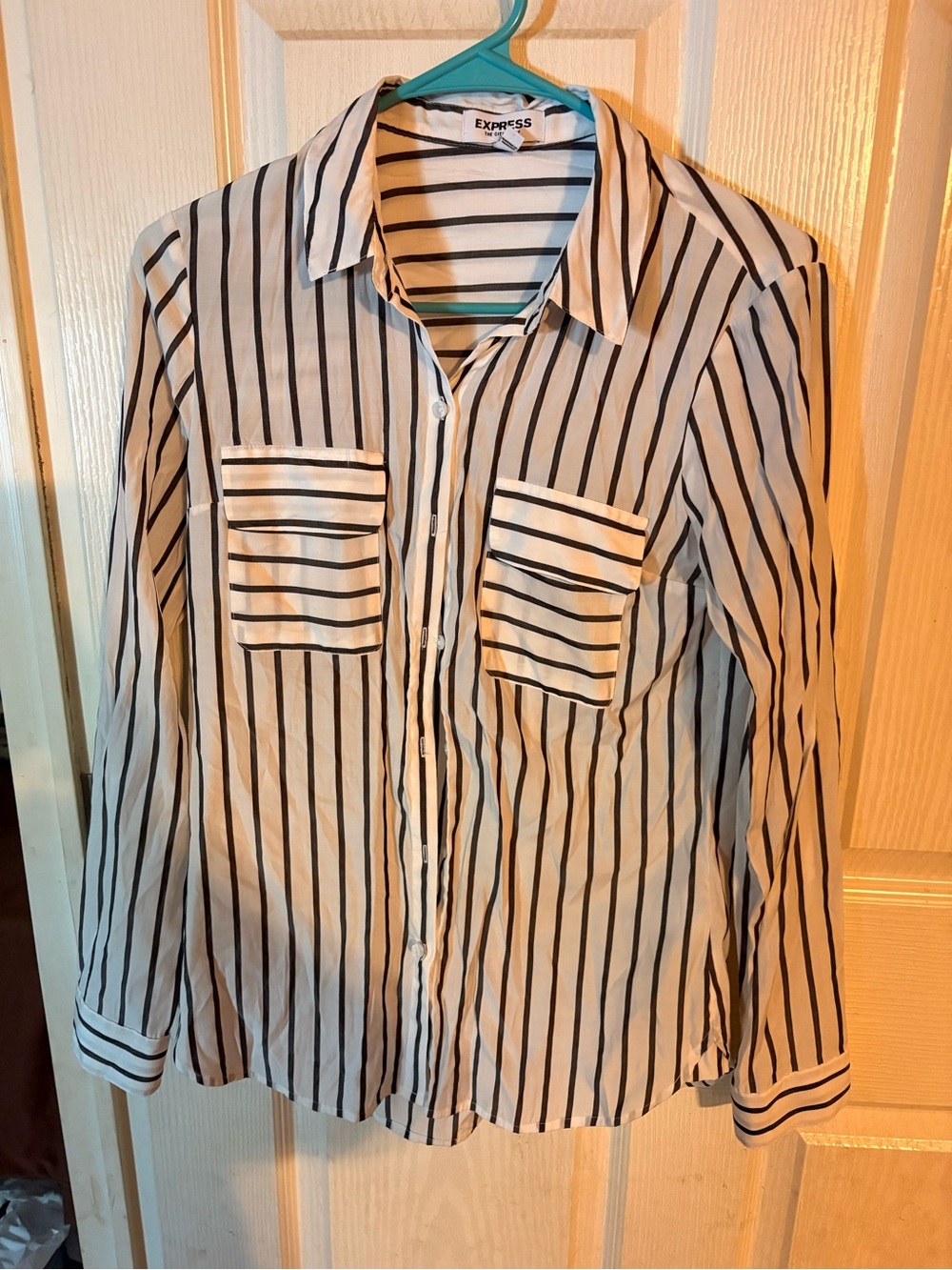 Express White and Black Vertical Stripe Button-Up Blouse